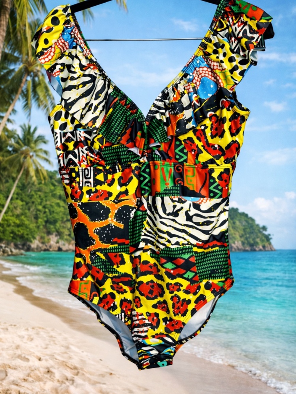 Averie Multicolor Mixed Animal Tropical Print Ruffle One Piece Swimsuit